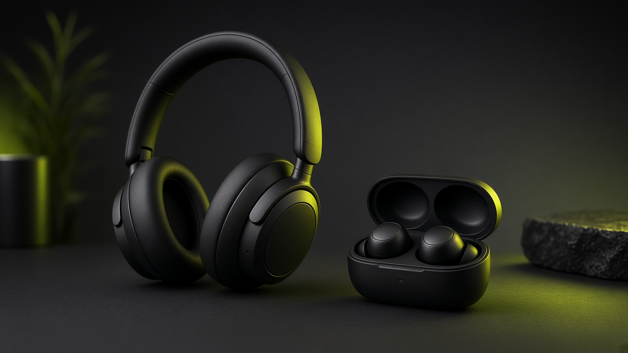 Headphones and audio gear on a desk