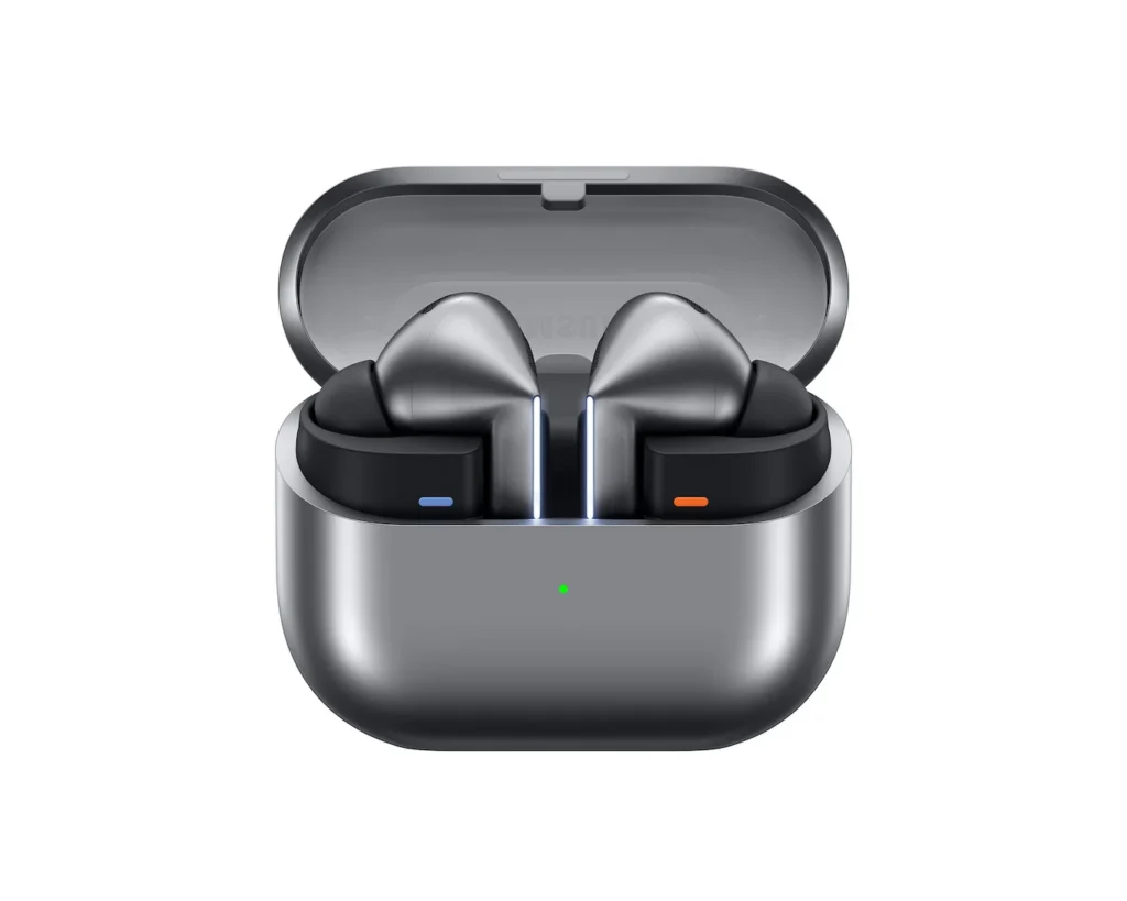 Samsung Galaxy Buds3 Pro earbuds in an open charging case