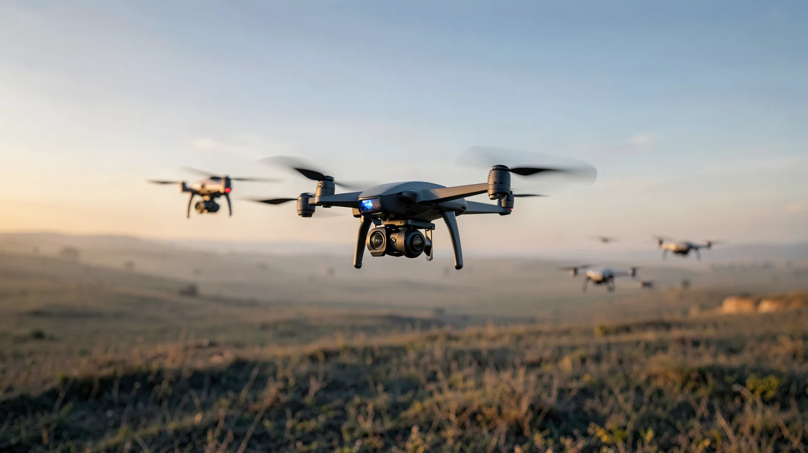 Camera drones flying over an open landscape at sunset
