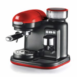 Ariete 1318 Moderna Espresso Machine with Integrated Coffee Grinder, For Coffee Beans and Ground Coffee, Milk Frothing Cappuccino Maker, 1 and 2 Cup Filter, 1080 W, 800 cc, Red