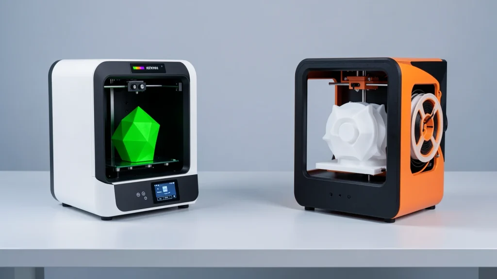 Illustration of two compact desktop 3D printers for the Bambu Lab A1 mini vs Prusa MINI+ comparison