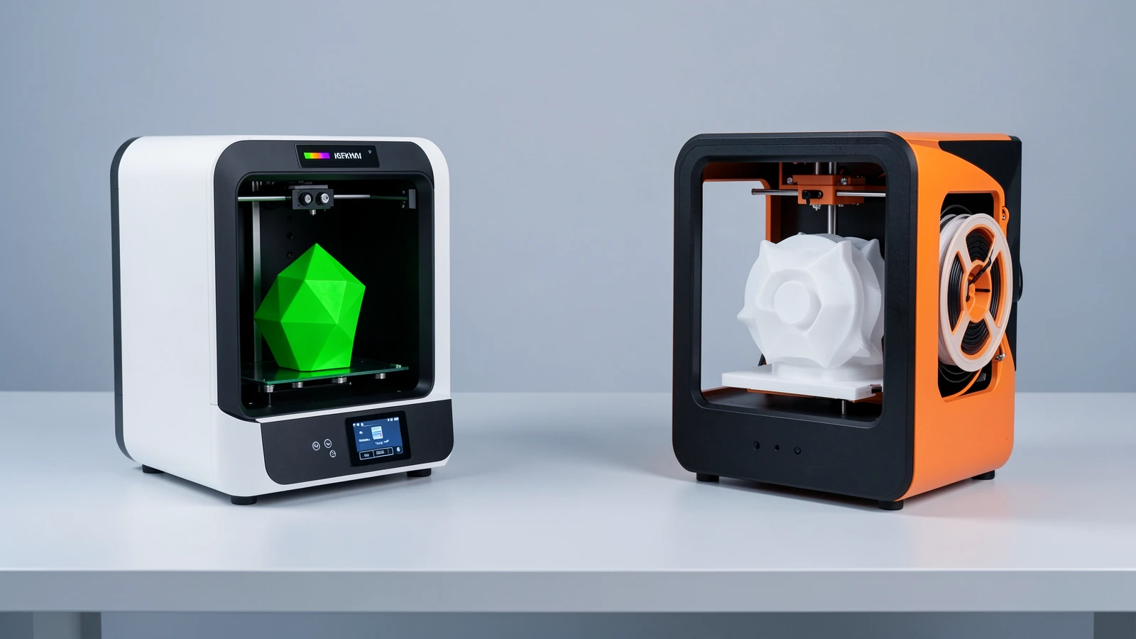 Illustration of two compact desktop 3D printers for the Bambu Lab A1 mini vs Prusa MINI+ comparison